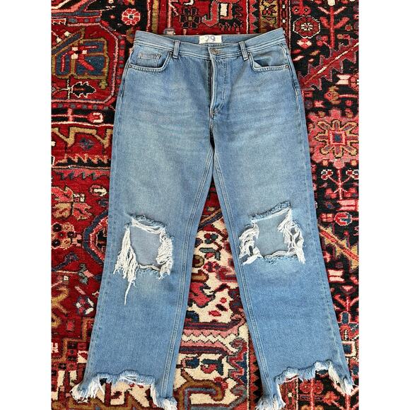We The Free Denim - Free People We the Free Straight Leg Cropped Distressed Jeans Size 29 Light Wash